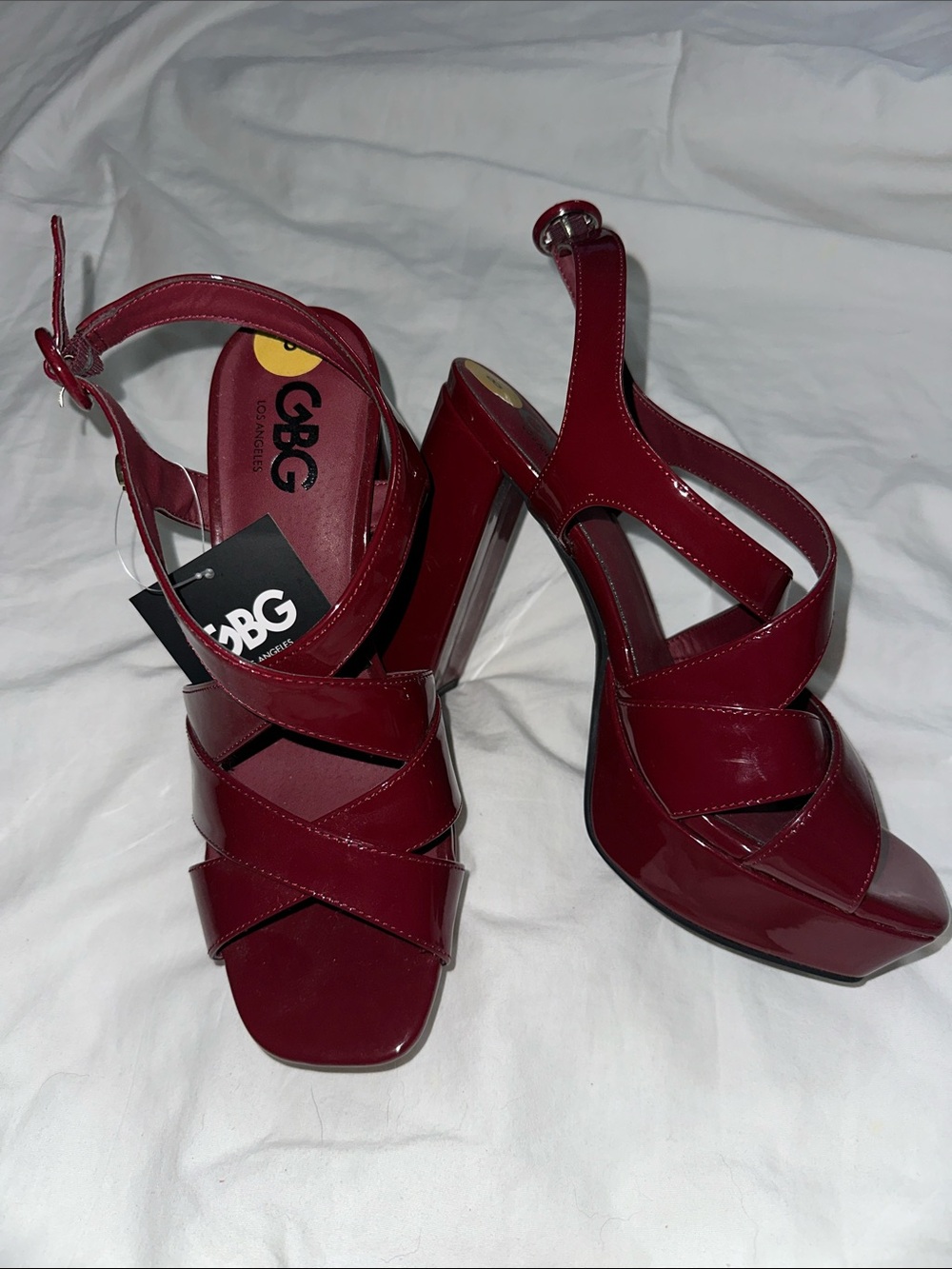 GBG Los Angeles Patent Burgundy Crisscross Platform Slingbacks